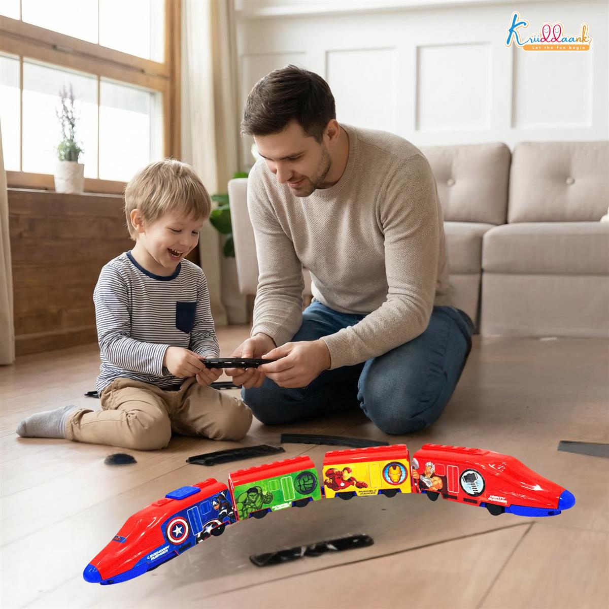Kriiddaank Avengers Theme RC Train Toy for Kids - Rechargeable Remote Control EMU Express Train with LED Lights & Sound Effects, Superhero Railway Set for Boys & Girls 3+ Years (Blue)