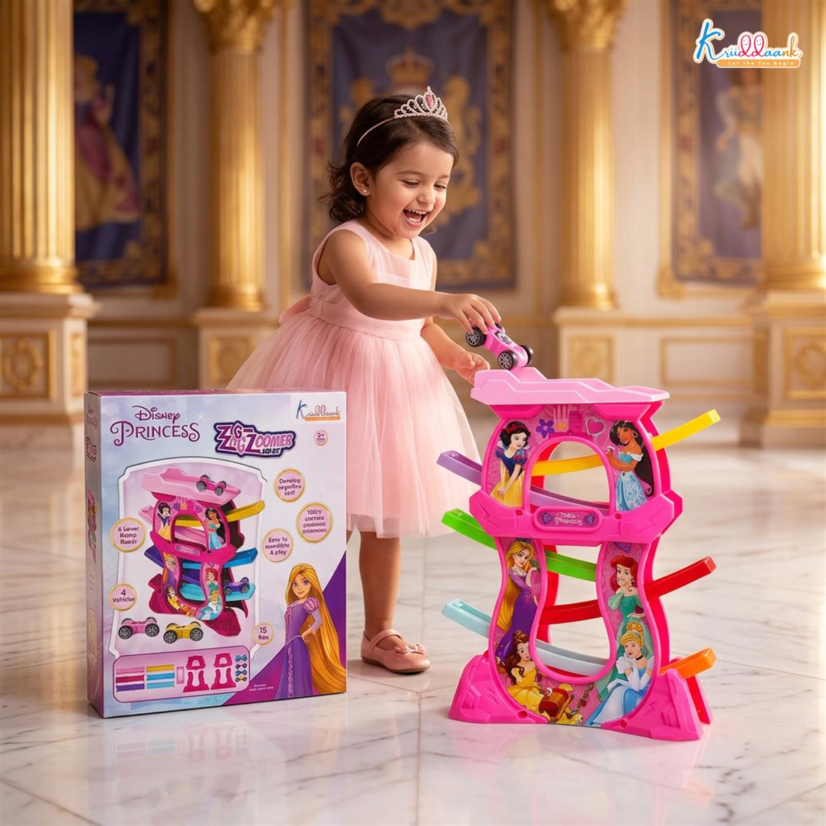 Princess Zig Zag Zoomer Ramp Racer Car Track for Toddlers - 15 Piece 6-Level Lever Toy with 4 Mini Vehicles, Non-Toxic Pink Race Track Playset for Girls 3+ Years Old