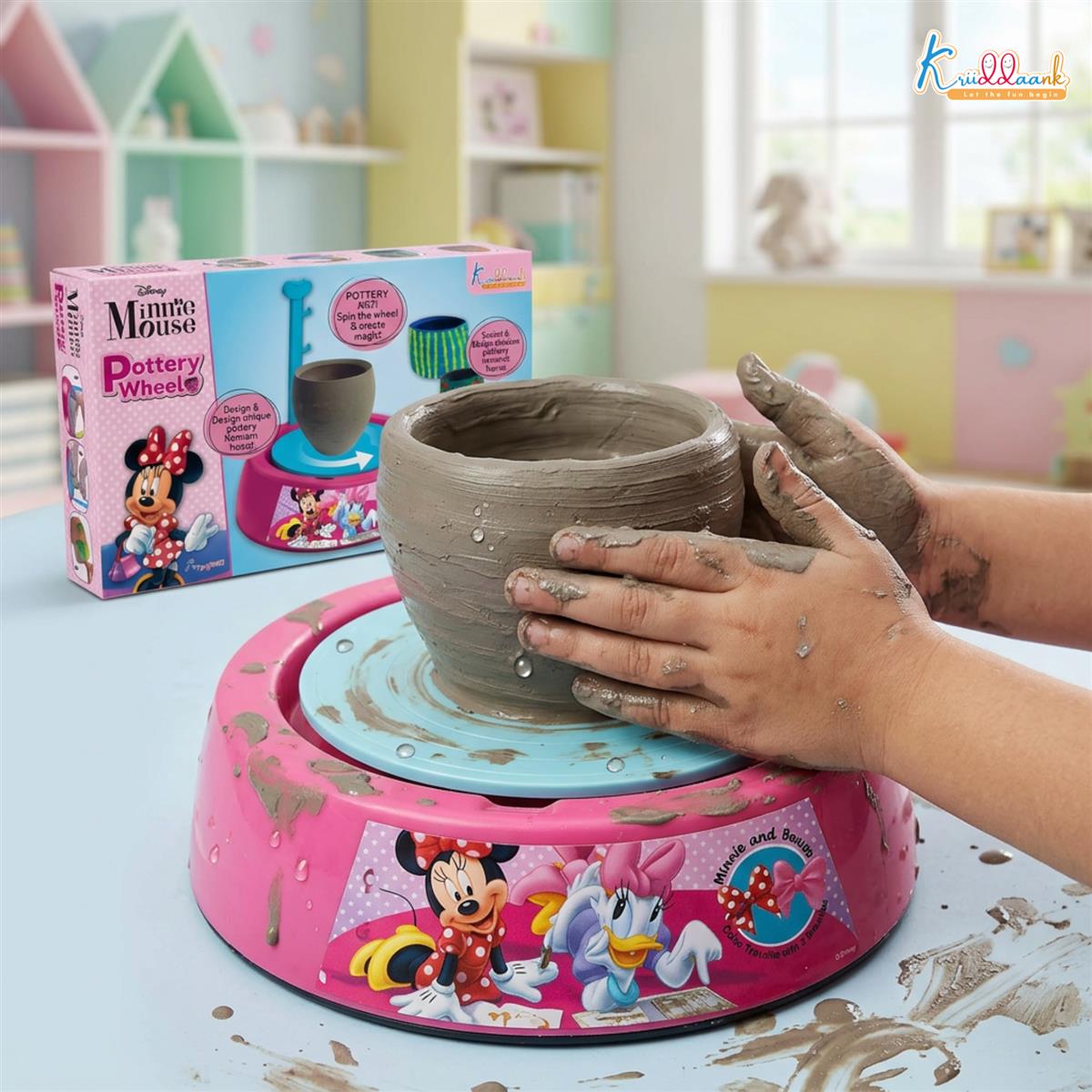 Minnie Pottery Wheel Modeling Set for Kids - Complete DIY Clay Sculpting Art & Craft Kit with 800g Clay, 6 Acrylic Paints & Tools - Educational Musical Toy for Girls Age 8+