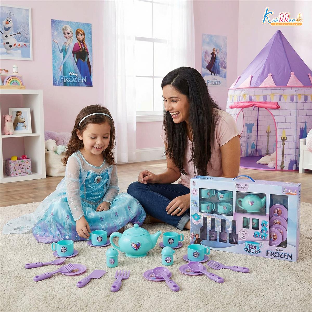Frozen Tea Party Set for Girls - Elsa & Anna 15-Piece Trolley Playset with Electronic Kettle, Realistic Boiling Sounds & Lights - Interactive Pretend Play Kitchen Toy for Kids Ages 3+