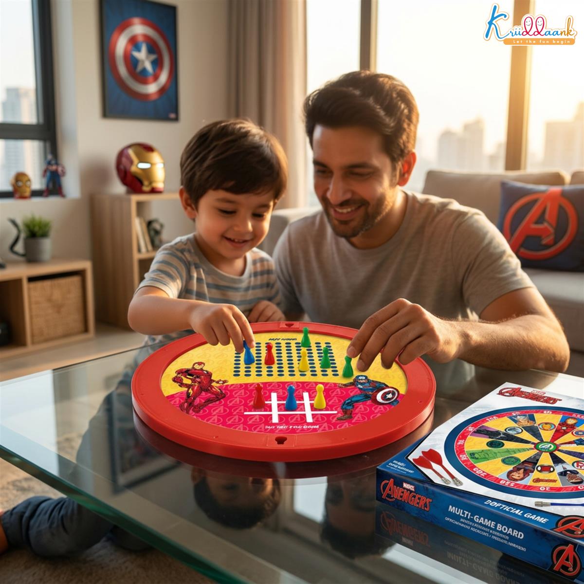 Kriiddaank Avengers 2-in-1 Double Fun Dartboard & Ludo Game for Kids - Safe Magnetic Indoor Wall Target Shooting Game, Marvel Themed Superhero Toys for Boys & Girls Age 3+, Durable MDF Board