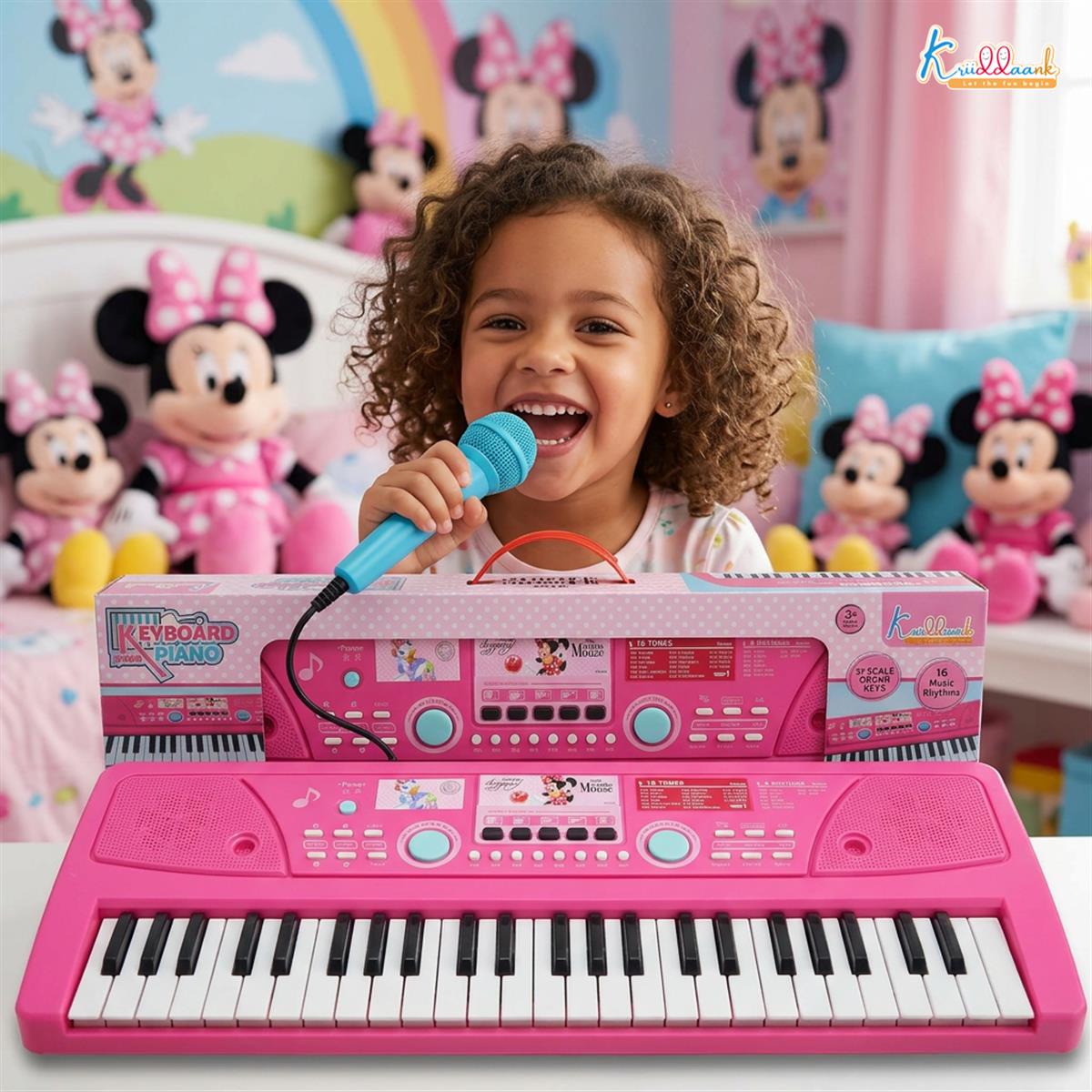 Kriiddaank Minnie Keyboard Piano 500 for Kids - Portable Electronic Musical Toy with Microphone, 8 Instrument Sounds & 16 Rhythms, Early Learning Gift for Girls 3+ Years, Pink