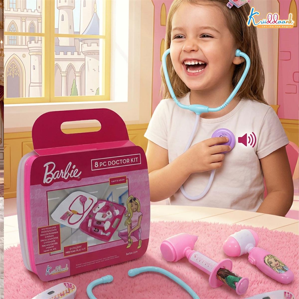 Barbie 8-Piece Doctor Set for Kids 3+ Years, Pink Medical Play Kit with Lights & Realistic Heartbeat Sounds, Non-Toxic Pretend Play Educational Toy Gift for Girls