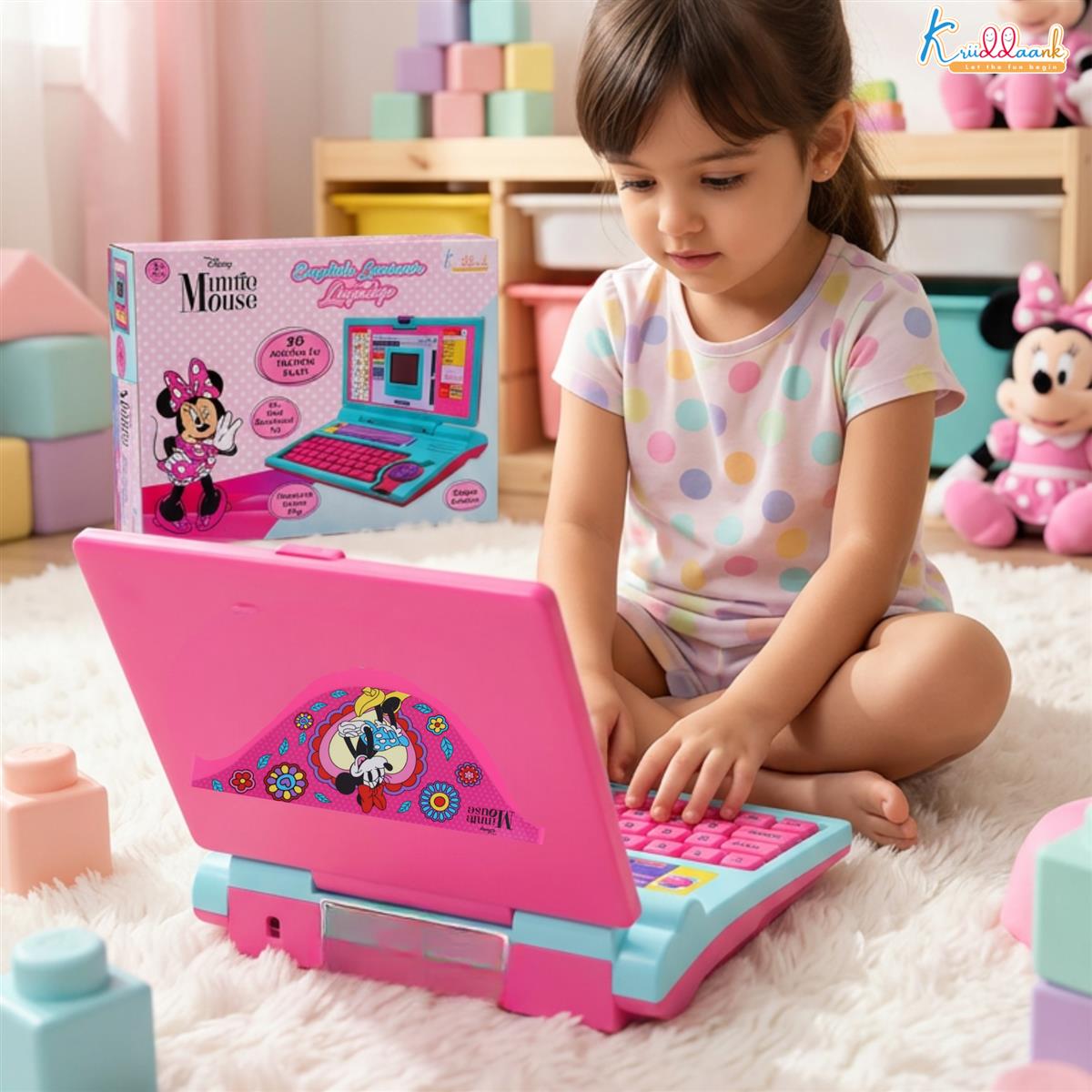 Krriiddaank Minnie Theme Educational Laptop for Kids - 20 Learning Activities for 3+ Years Girls, Interactive Toy for Alphabet, Numbers, Math, Music & Logic - Pink (ISI Certified)