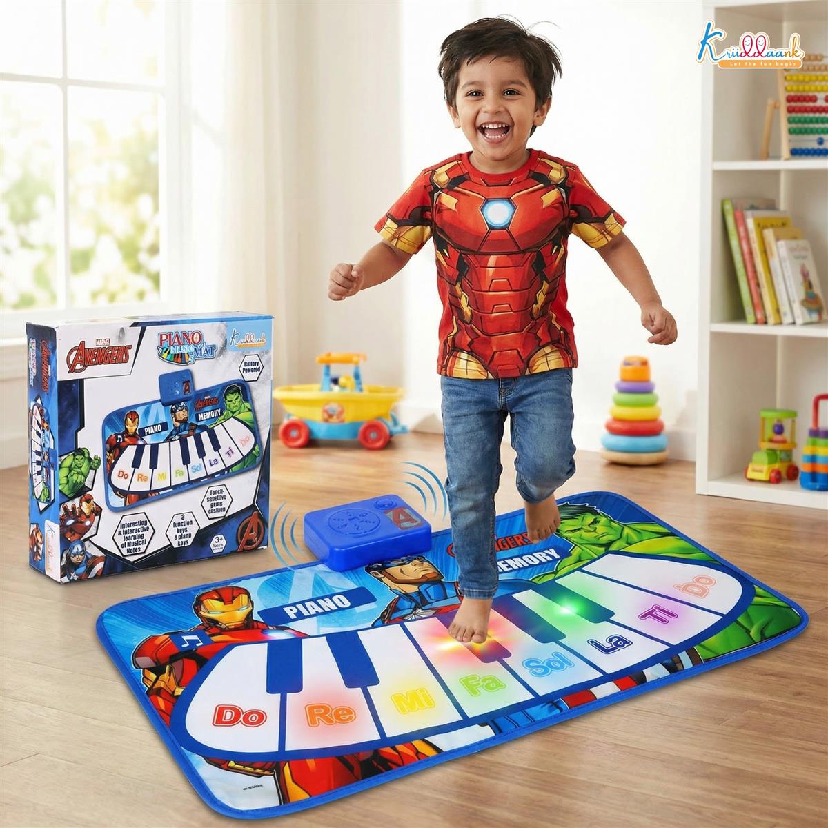 Marvel Avengers Theme Piano Mat - Touch Sensitive Electronic Keyboard Music Play Mat for Kids | 8 Piano Keys & 3 Function Keys | Educational Dance & Play Musical Toy for Boys & Girls 3+ Years