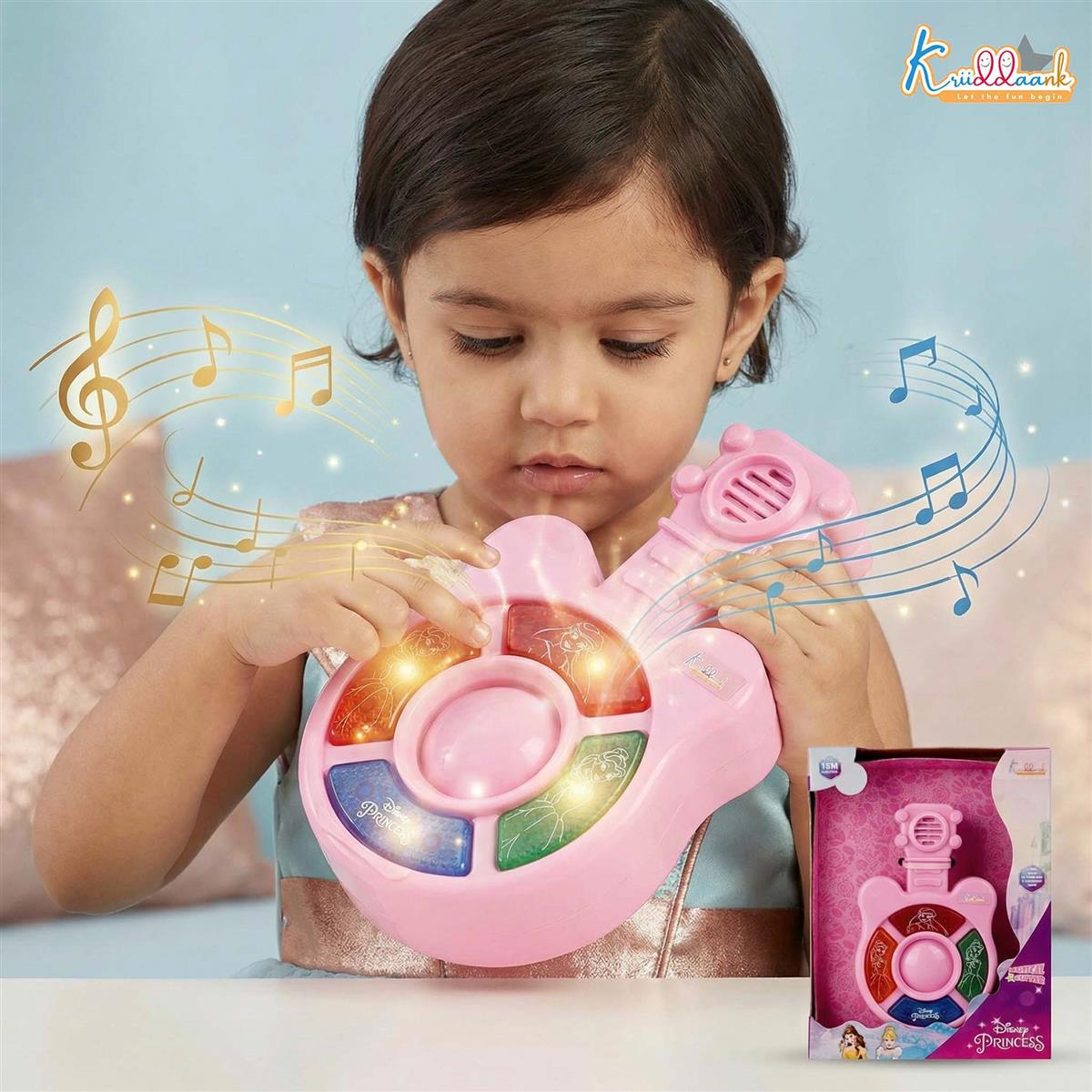 Disney Princess Mini Music Guitar for Kids - Portable Musical Instrument with 4 Buttons, Effective Sounds & Lights - Battery Operated Educational Toy for Toddlers & Girls 3+ Years Old - Pink