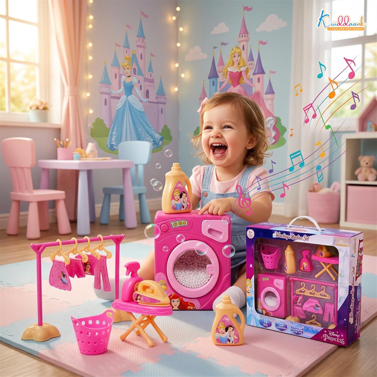 Kriiddaank Disney Princess Theme Washing Machine Toy for Toddlers, 15-Piece Pretend Play Laundry Set with Ironing Table & Accessories, Musical Interactive Toy for Kids 3+ Years (Pink)