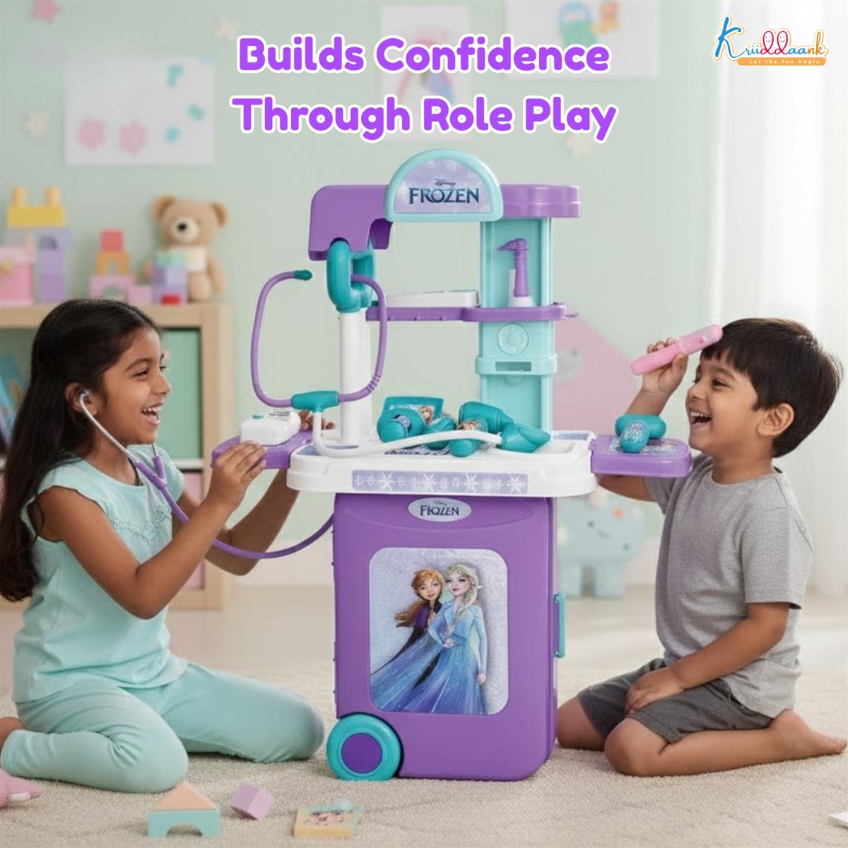 Kriiddaank Frozen Theme Doctor Set for Kids - Elsa & Anna Portable Medical Trolley Playset with Lights - Educational First Aid Kit Toy for Girls 3+ Years - Perfect Birthday Gift, Turkish Blue
