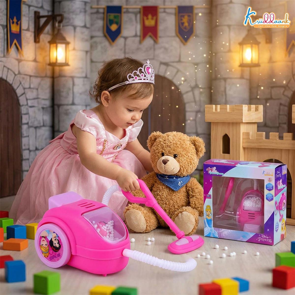 Disney Princess Toy Vacuum Cleaner for Kids - Educational Pretend Play Cleaning Set with Lights, Battery Operated Housekeeping Toy for Toddlers and Girls Age 3+, Pink