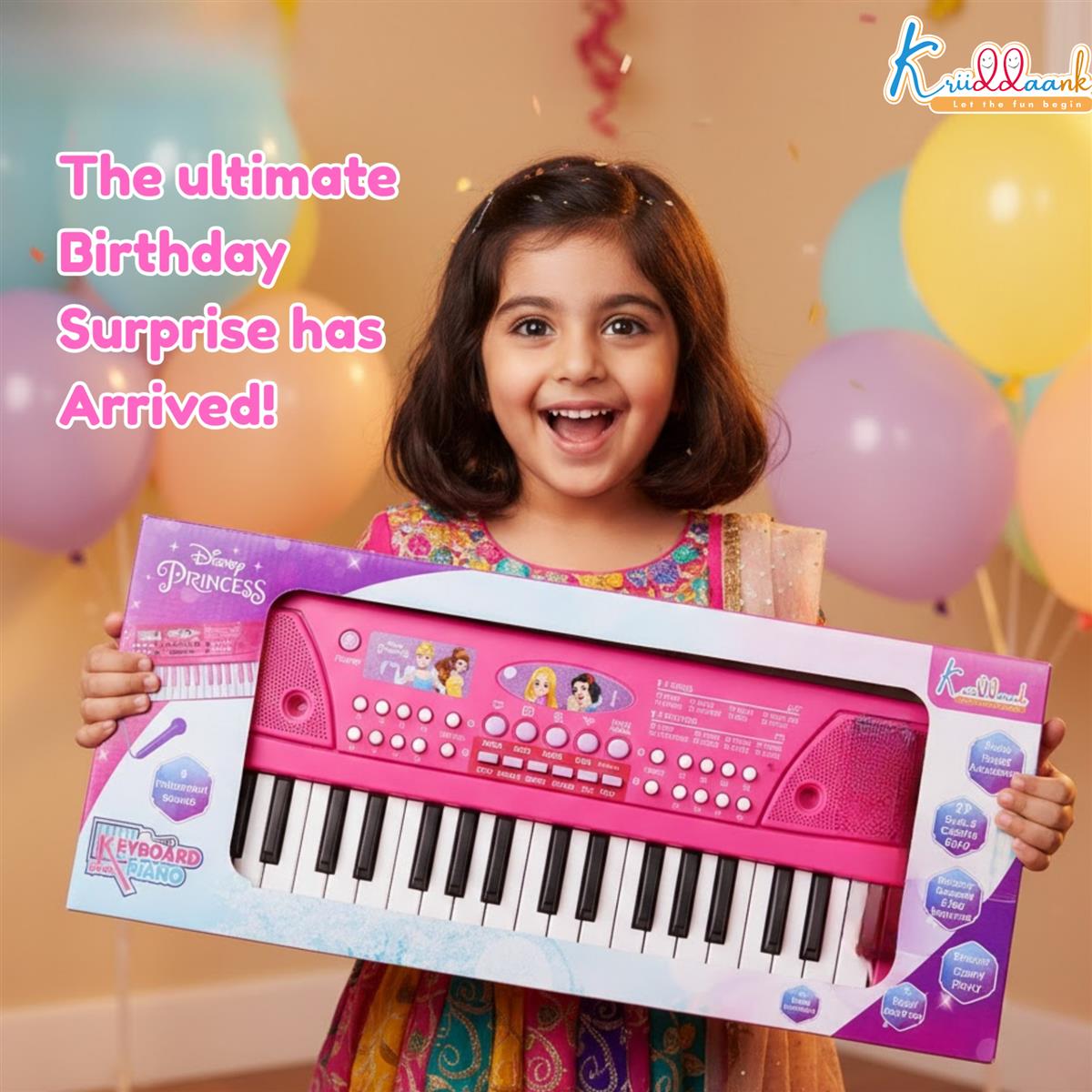 Princess Keyboard Piano for Girls - 37 Keys Musical Toy with Microphone, 8 Rhythms, 8 Tones & USB/Battery Power - Educational Learning Gift for Kids Aged 3+ Years - Pink