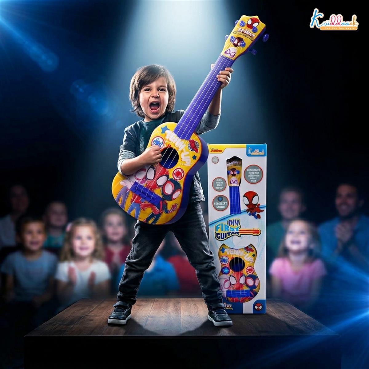 Spiderman Big Toy Guitar for Kids - 4 Adjustable Strings, Fingerstyle Tab & Pick - Portable Educational Musical Instrument Toy for Boys 3+ Years - Perfect Birthday Gift, Blue