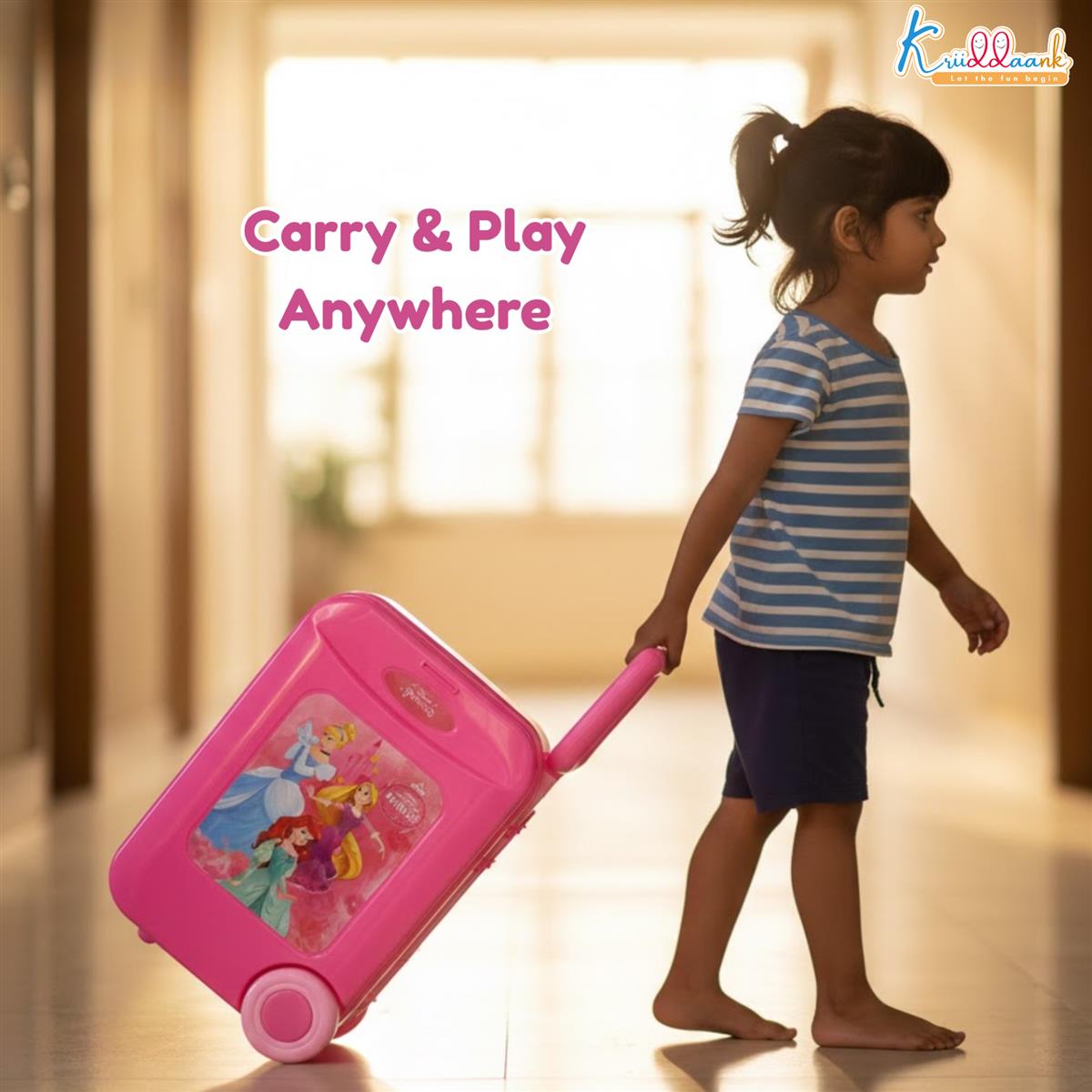 Kriiddaank Disney Princess Kitchen Set - 20 Pcs Portable Pretend Play Toy with Trolley Bag, Music & Lights, Cooking & Baking Playset for Girls Ages 3+, Pink
