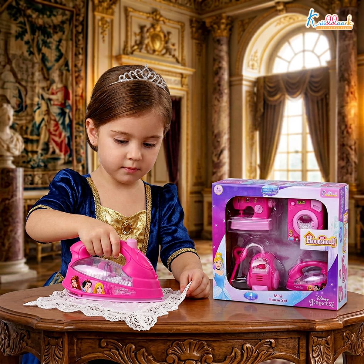Disney Princess Theme 4pc Household Role Play Set - Includes Toy Washing Machine, Vacuum Cleaner, Iron & Hair Dryer - Educational & Fun Pretend Play Home Decoration Kit for Kids Ages 3+
