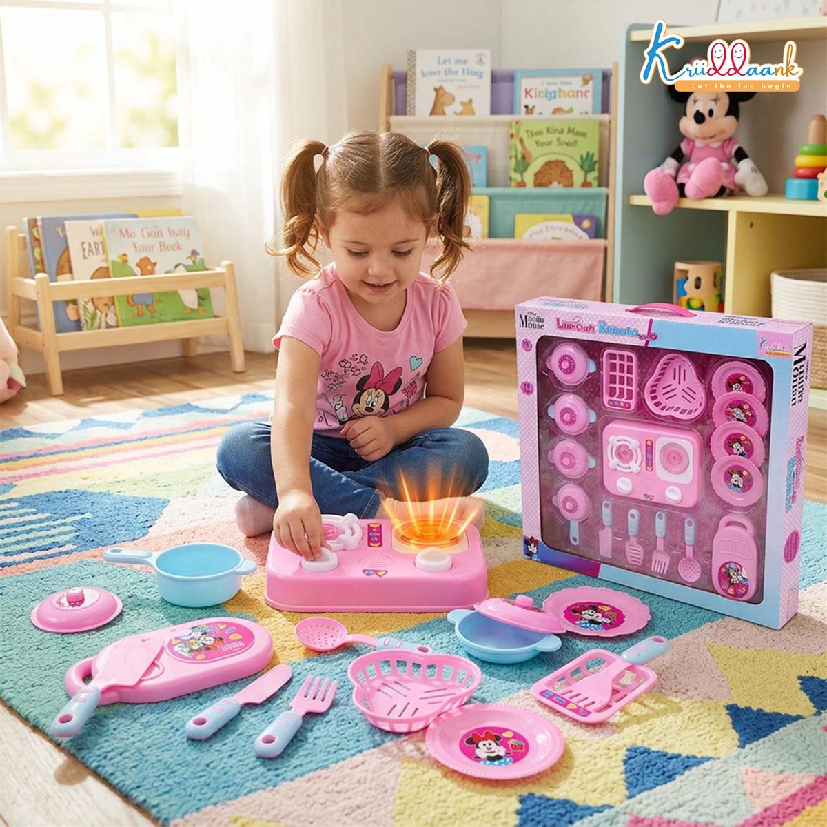 Kriiddaank Minnie Mouse Theme Little Chef's Kitchen Set for Girls - 16 Pcs Pretend Play Cooking Toy with Lights & Sound Effects, Portable Interactive Kitchen Playset for Kids Age 3+ Years (Pink)