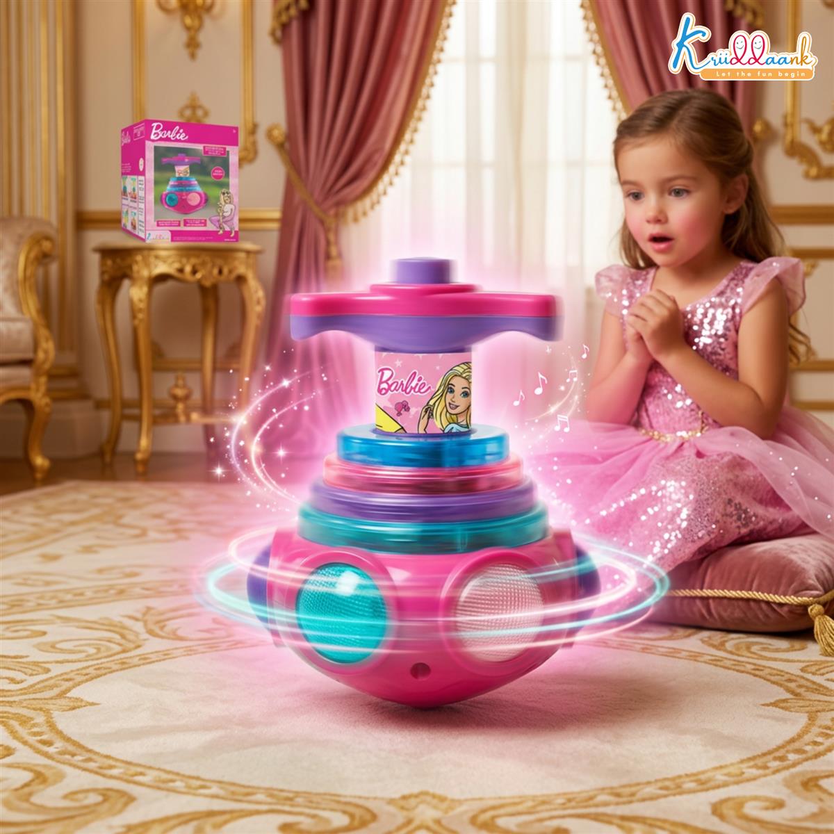 Dizzy Glow Top Barbie - Musical Spinning Top Toy with 360 Degree Rotation, Vibrant Flashing Lights & Sound Effects, Child-Safe Pink Battery Operated Toy for Kids 3+ Years Old