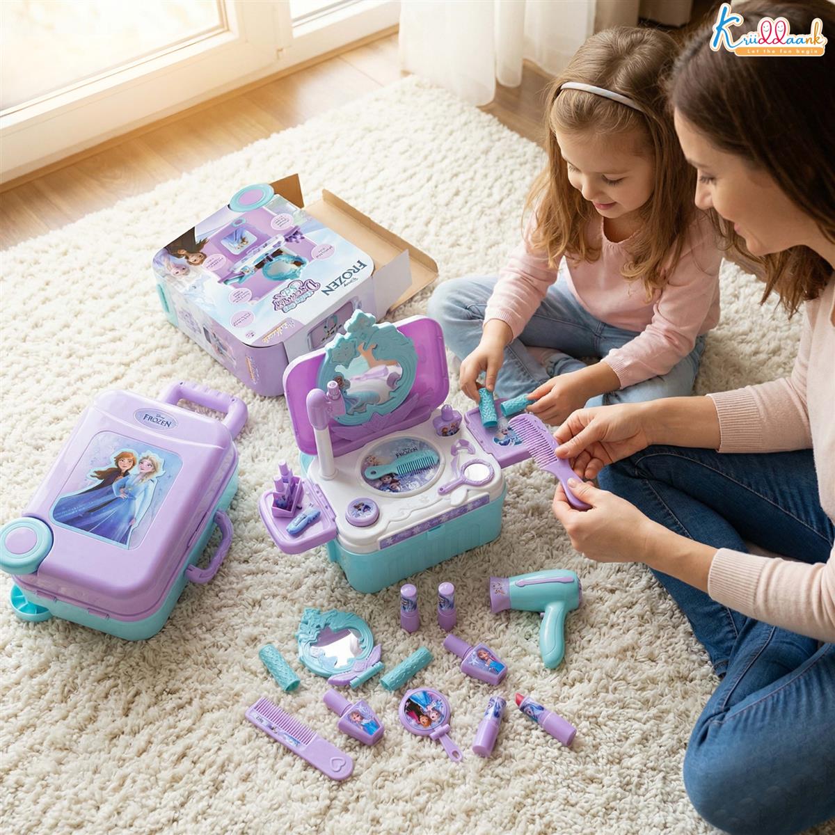 Kriiddaank Frozen Dressing Set for Girls - Elsa & Anna Pretend Play Beauty Makeup Kit with Trolley, Lights & Music, 15 Pcs Educational Styling Toy for Kids Age 3+, Turkish Blue