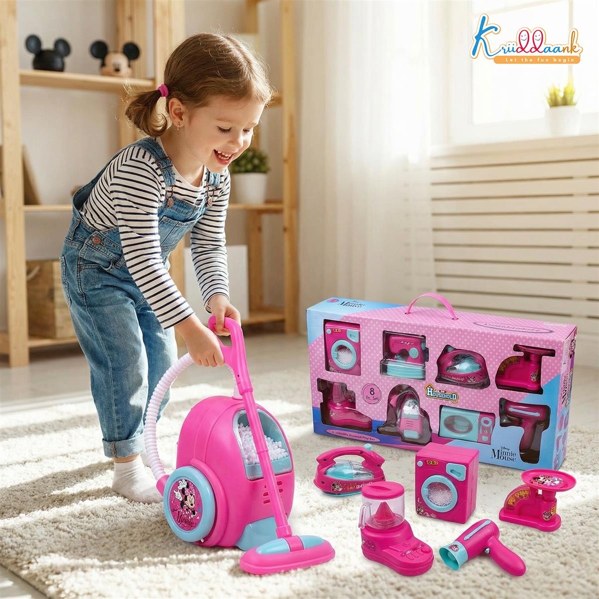 Minnie Mini Household Set (6pcs) - Battery Operated Hair Dryer, Vacuum Cleaner, Washing Machine, Iron, Sewing Machine & Fan - Educational Pretend Play Toy for Girls, Safe & Interactive Pink Toy Set