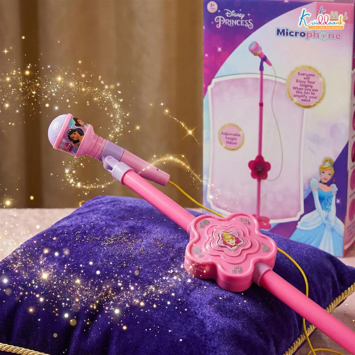 Disney Princess Portable Karaoke Microphone for Kids with Adjustable Stand (Up to 106cm) - Pink Wireless Musical Toy for Girls, Bluetooth & USB Connectivity, Ages 3+
