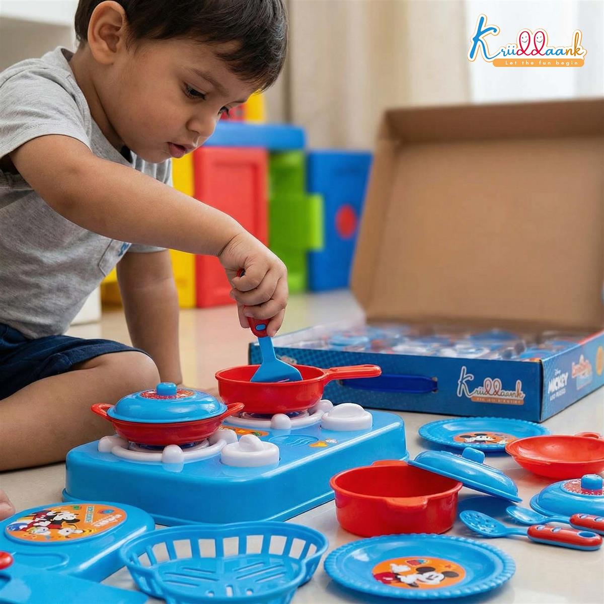Kriiddaank Mickey Mouse Little Chef's Kitchen Set - 16 Pcs Pretend Play Cooking Set with Lights & Sounds, Portable Electric Stove Playset for Kids Aged 3+ Years