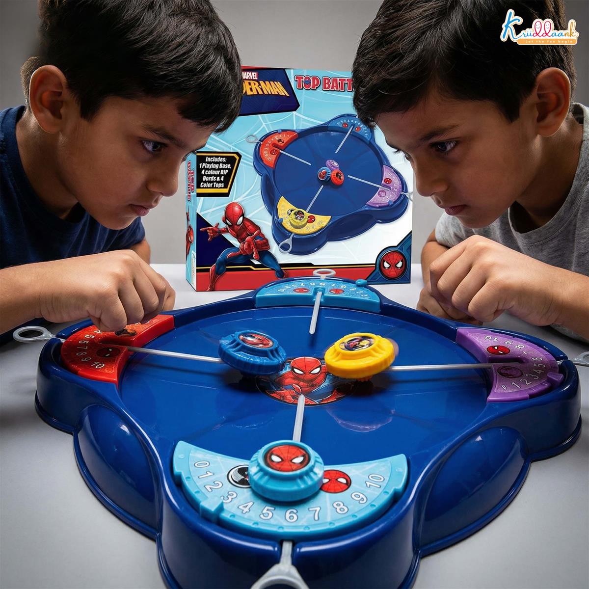 Kriiddaank Spiderman-Inspired Spinning Top Set - 5-Piece Battling Toy for Kids 5+, Includes Arena Base, 4 Rip Cords & 4 Color Tops, Action-Packed Multiplayer Fun for Boys & Girls