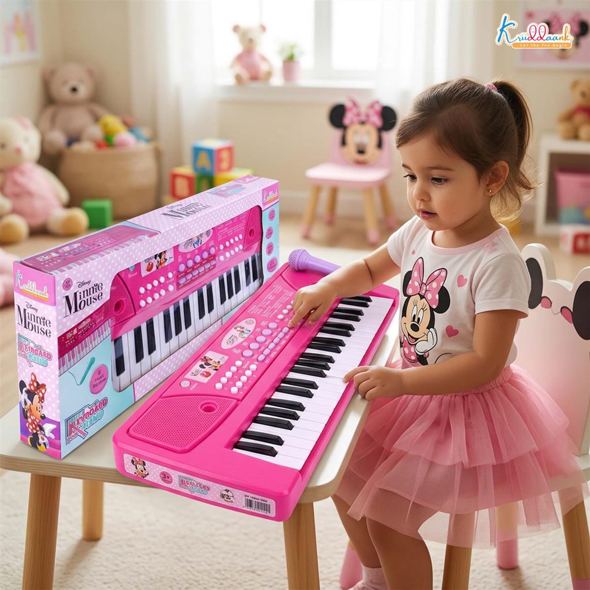 Minnie Keyboard Piano for Kids - 37 Keys Musical Toy with Microphone, 8 Rhythms, 8 Tones & USB Power - Educational Learning Instrument & Gift for Girls Ages 3+ (Pink)