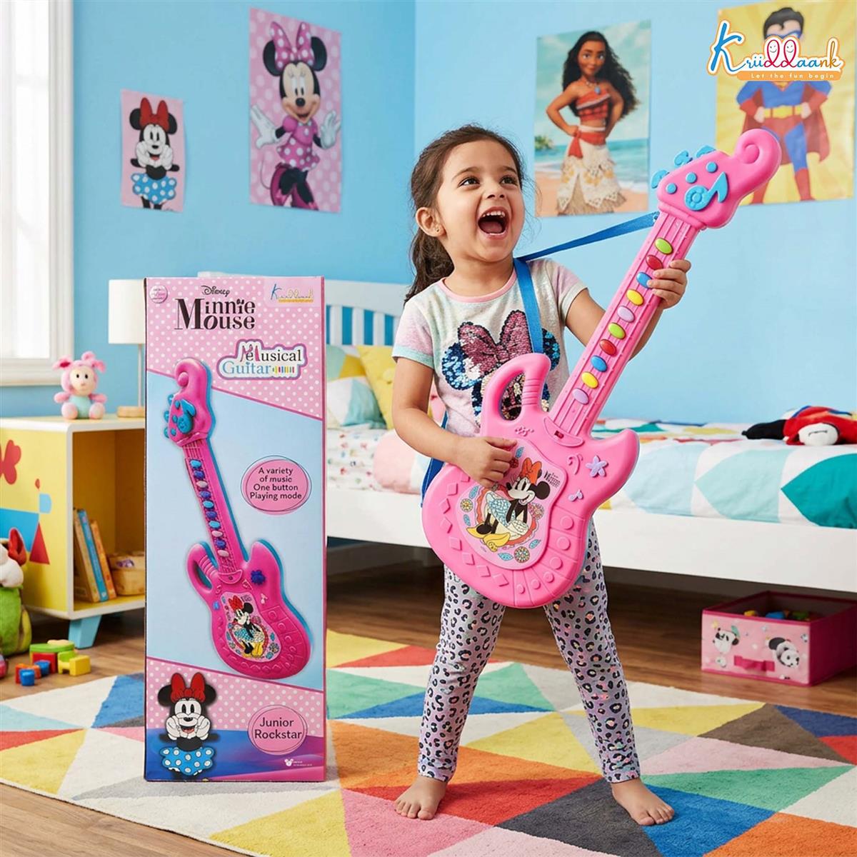 Minnie Musical Guitar for Toddlers - Pink Sing-Along Karaoke Junior Music Toy with Inbuilt Tones & Lights - Educational Role Play Rockstar Guitar Gift for Kids 3+ Years Old