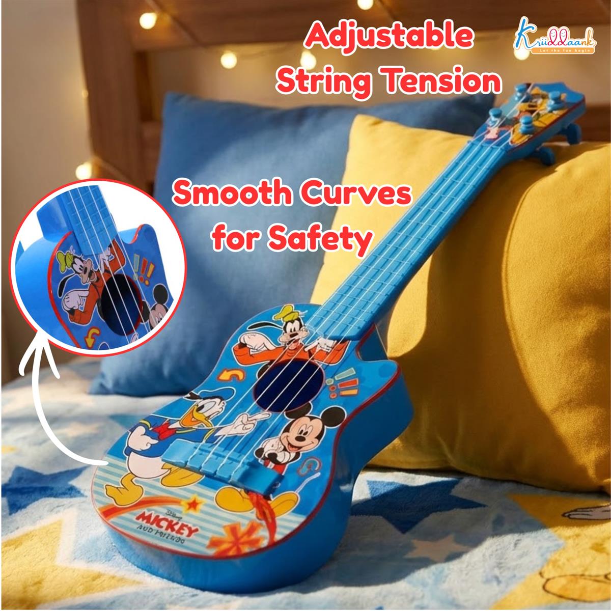 Disney Mickey Mouse Small Guitar for Kids - 4 String Toy Musical Instrument with Adjustable Tension, Fingerstyle Tab & Pick - Portable, Safe & Educational Gift for Boys & Girls Ages 3+