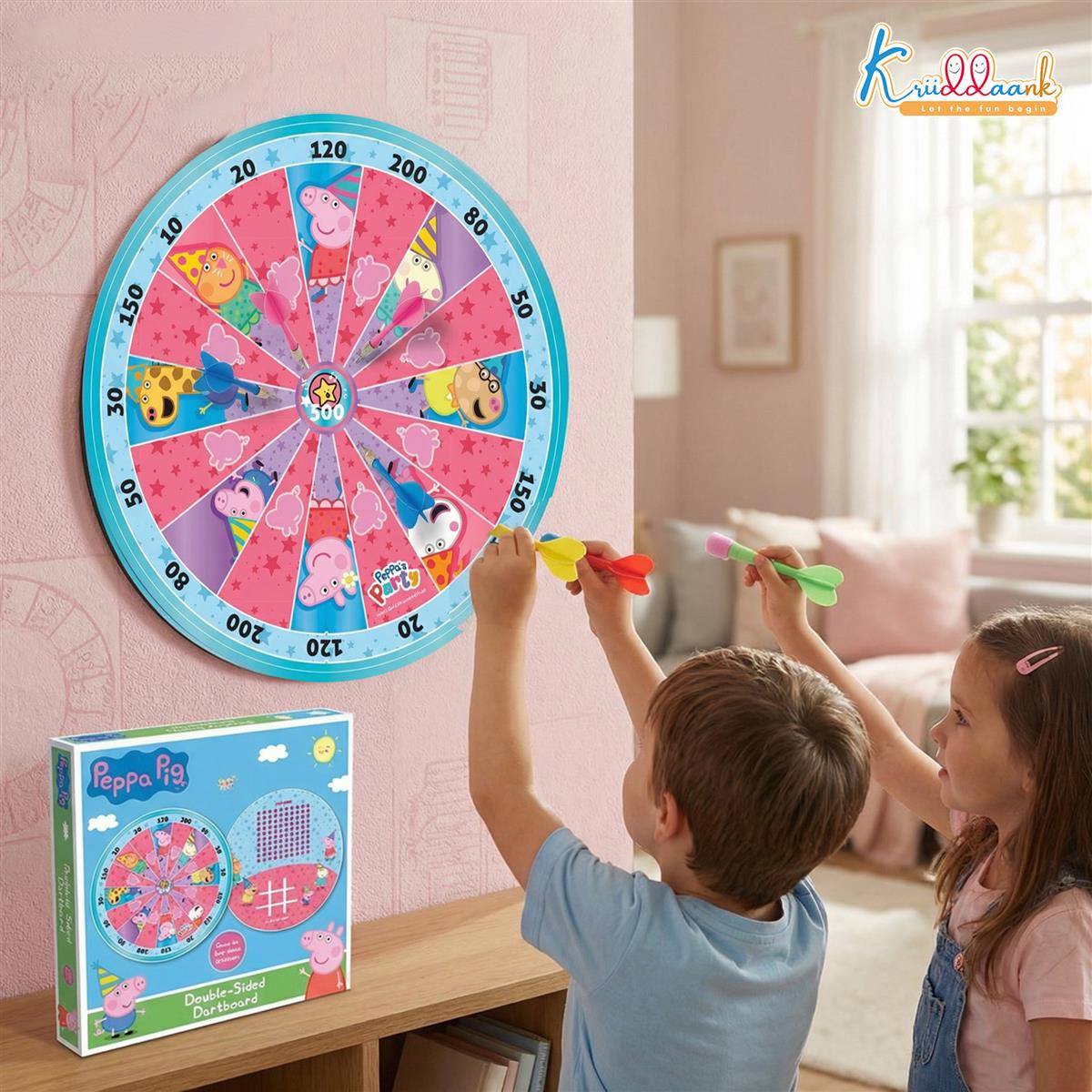 Kriiddaank Peppa Pig 2-in-1 Dartboard & Ludo Game for Kids - Safe Magnetic Indoor Target Game with Darts - Double-Sided MDF Board for Focus & Coordination - Perfect Birthday Gift for Boys & Girls