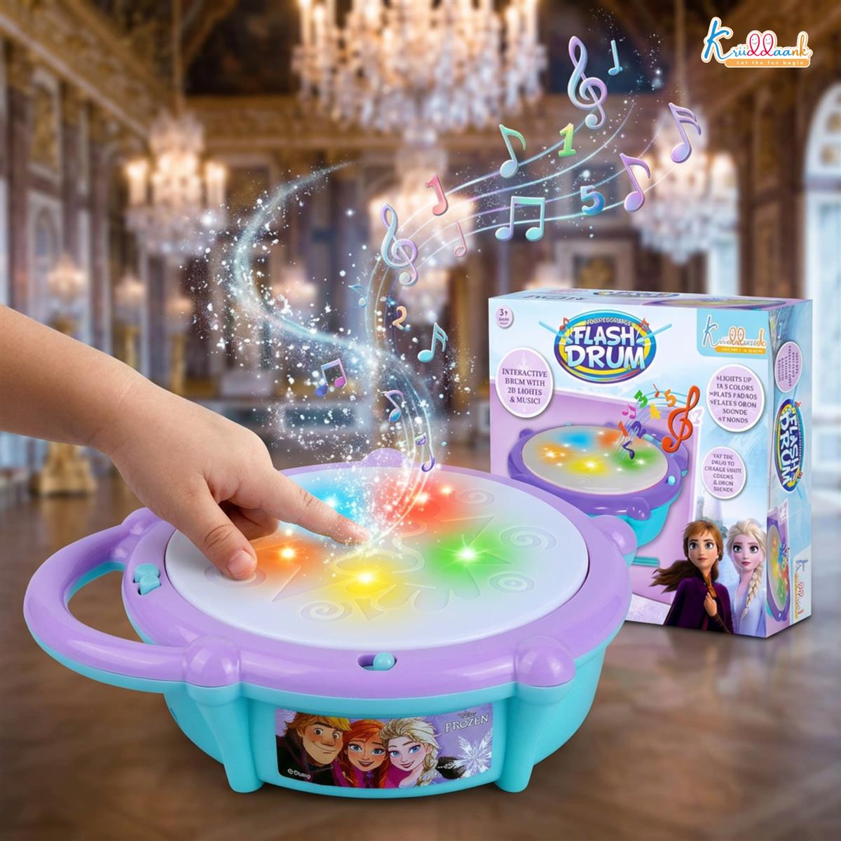 Frozen Elsa & Anna Flash Drum Toy for Toddlers - Battery Operated Musical Instrument with 3D 5-Color LED Lights & 9 Songs - Interactive Educational Toy for Kids Age 3+ Years