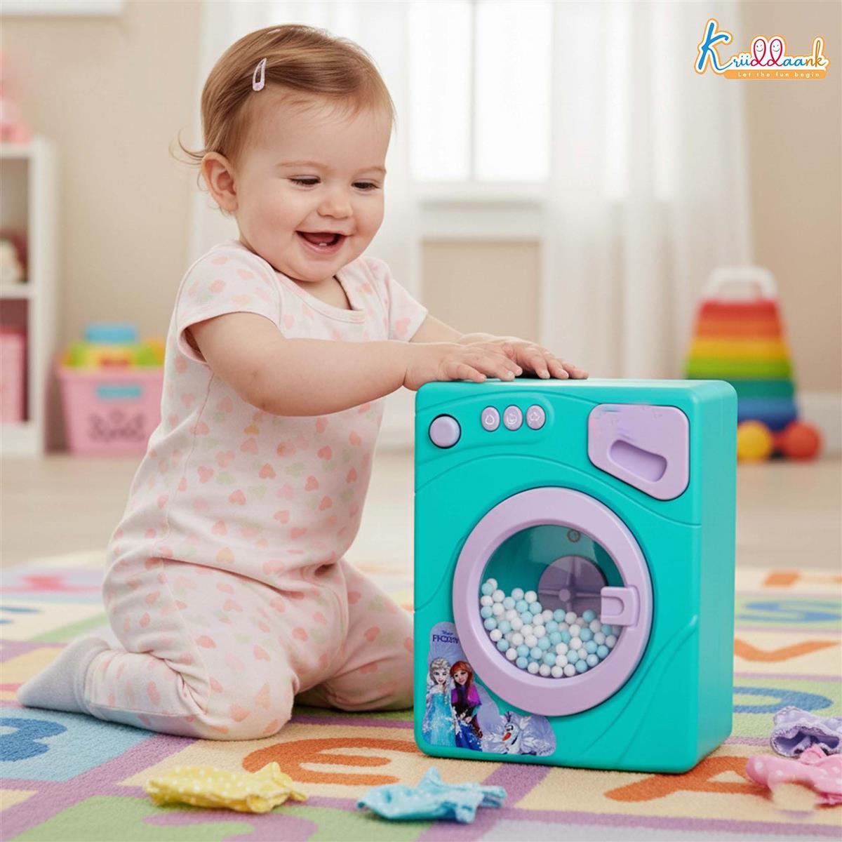 Frozen Family Mini Washing Machine Toy for Toddlers - Interactive Home Appliance with Lights & Sounds, Educational Pretend Play Laundry Set for Kids Ages 3+, Battery Operated (Turkish Blue)