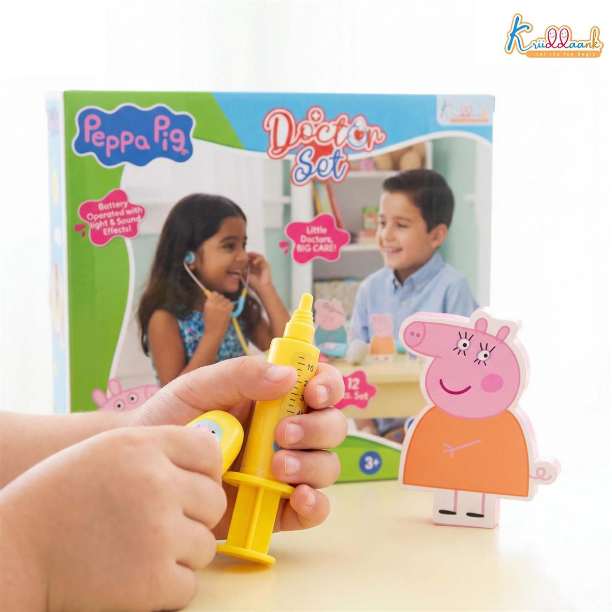Kriiddaank Peppa Pig Medical Playset with 2D Family Figures, Doctor Kit for Kids Ages 3+, 12 Pcs Toy Set with Stethoscope, Lights & Sound Effects, Educational Pretend Play for Toddlers
