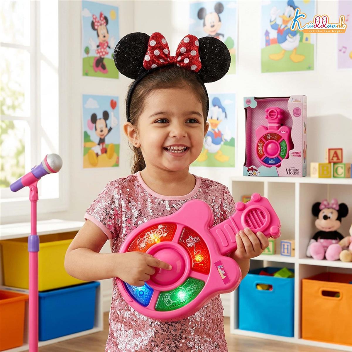 Minnie Mini Music Guitar for Kids - Portable Musical Toy with Interactive Buttons & Sound Effects, Battery Operated Educational Instrument for Toddlers, Durable Pink Guitar Toy (Ages 3+)