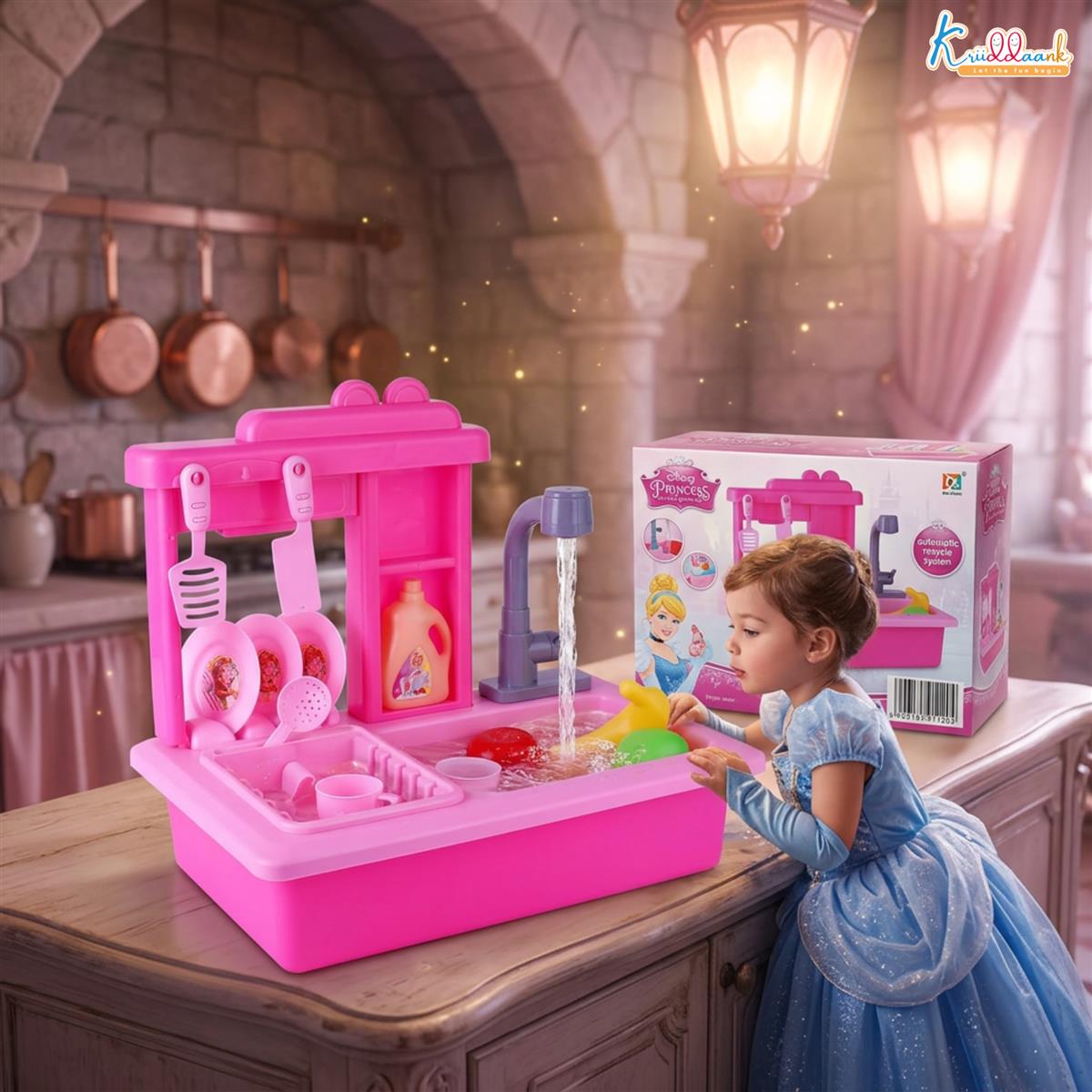 Kriiddaank Disney Princess Kitchen Toy Set for Girls with Running Water Sink, Electronic Kettle with Light & Sounds, 22-Piece Pretend Play Cooking & Baking Playset, Educational Toy for Kids 3+