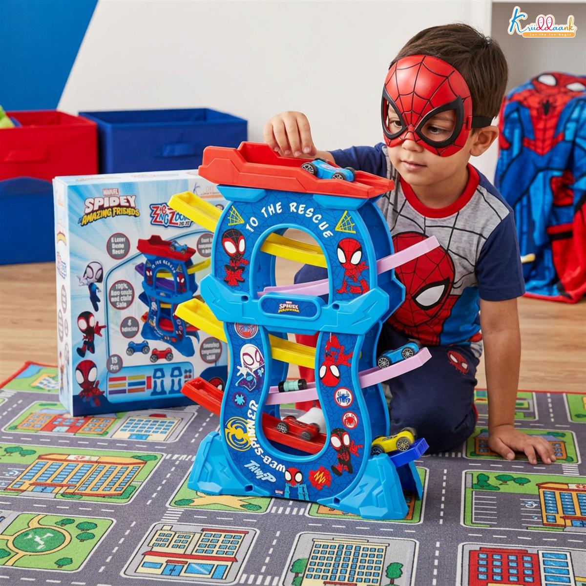 Zig Zag Zoomer Spiderman Ramp Racer Car Set for Kids 3+ Years - 6-Level Zig-Zag Racing Track with 4 Vehicles - 16 Pcs Battery Operated Educational Toy - Non-Toxic Blue Car Playset