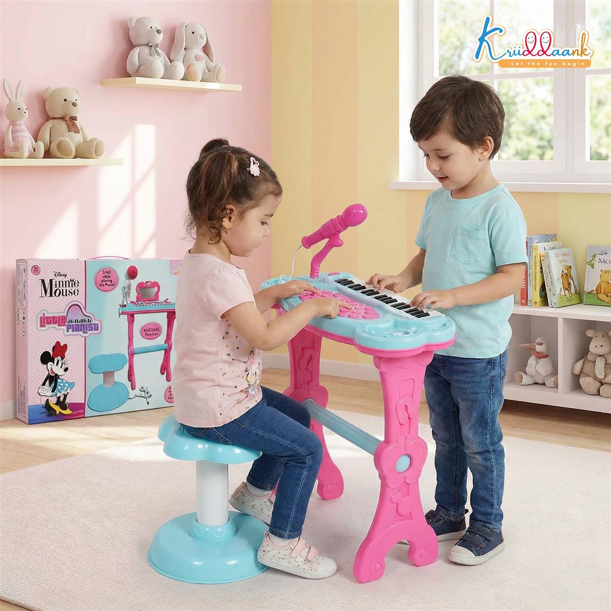 Minnie Mouse Little Pianist Keyboard for Girls â€“ Musical Toy with Microphone, Stool & Dress-Up Accessories â€“ 25 Inbuilt Tunes, Karaoke Mode, Battery/USB Powered â€“ Educational Gift for Kids 3+ Years