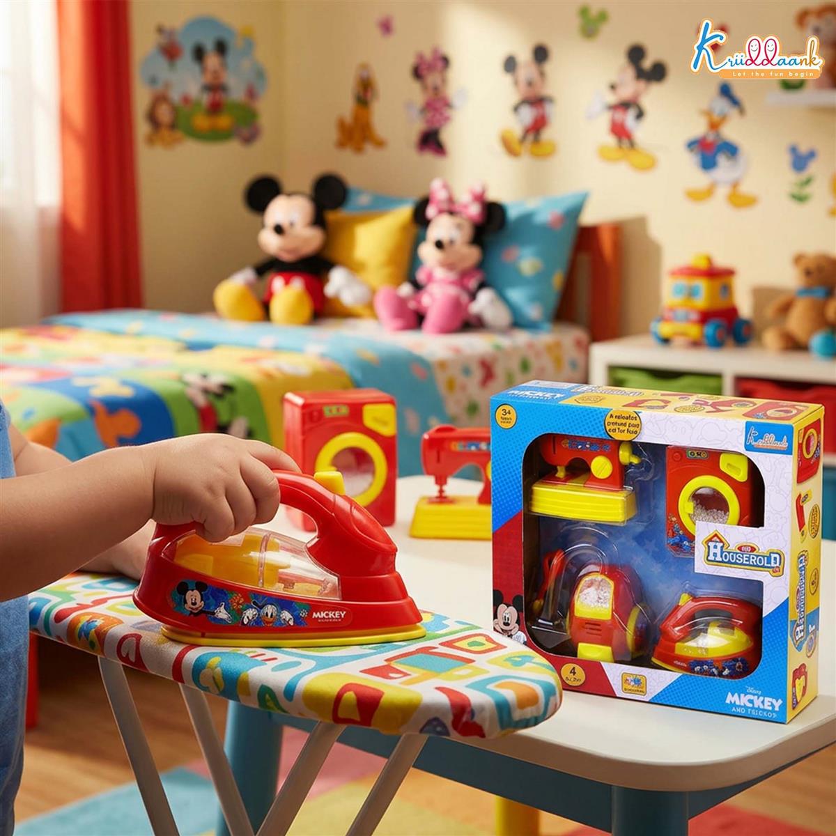 Disney Mickey Mini Household Set (4pcs) - Toy Hair Dryer, Vacuum Cleaner, Washing Machine & Iron - Battery Operated Role Play Set for Kids 3+ - Fun & Educational Red/Multicolor Gift