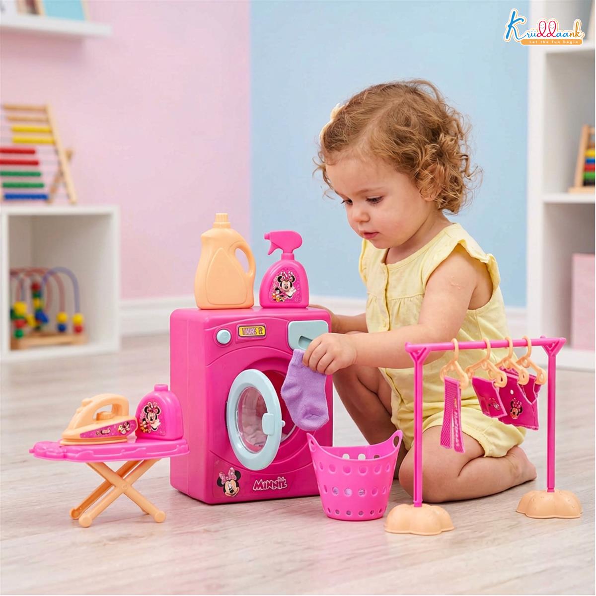 Kriiddaank Minnie Theme Washing Machine Toy - 15-Piece Interactive Pretend Play Laundry Set with Music, Ironing Board & Accessories - Pink Educational Disney Magic Gift for Toddlers Ages 3+