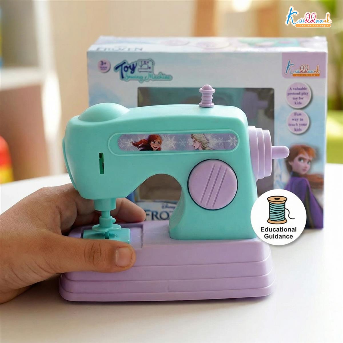 Kriiddaank Frozen Theme Mini Sewing Machine Toy for Kids - Battery Operated Pretend Play Home Appliance with Interactive Buttons, Educational Role Play Toy for Girls Ages 3+, Turkish Blue