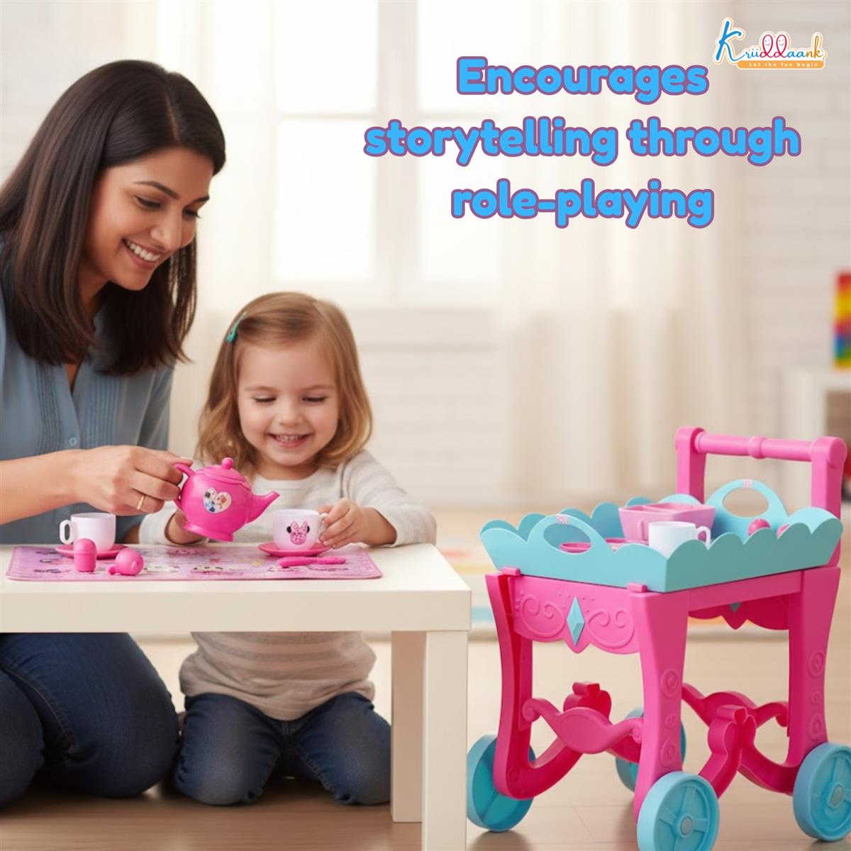 Minnie Tea Trolley Set for Kids - 32 Pcs Pretend Play Tea Party Toy with Electronic Kettle, Lights & Music - Battery Operated Educational Kitchen Set, Pink, Gift for Girls Age 3+