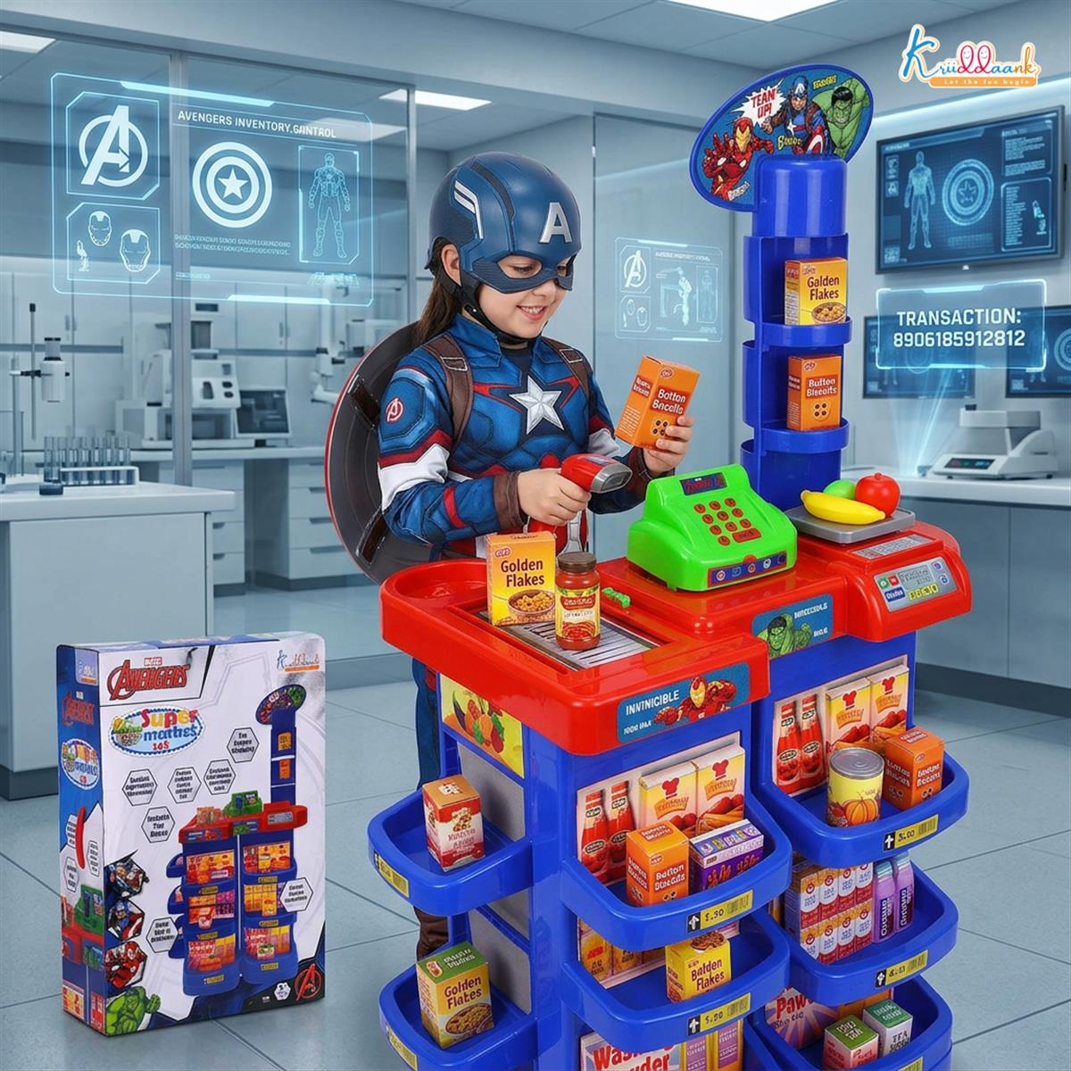 Marvel Avengers Supermarket Play Set for Kids - Electronic Cash Register with Sound, Checkout Counter, Shopping Cart & 20 Accessories | Realistic Grocery Role Play Toy for Kids Ages 5+