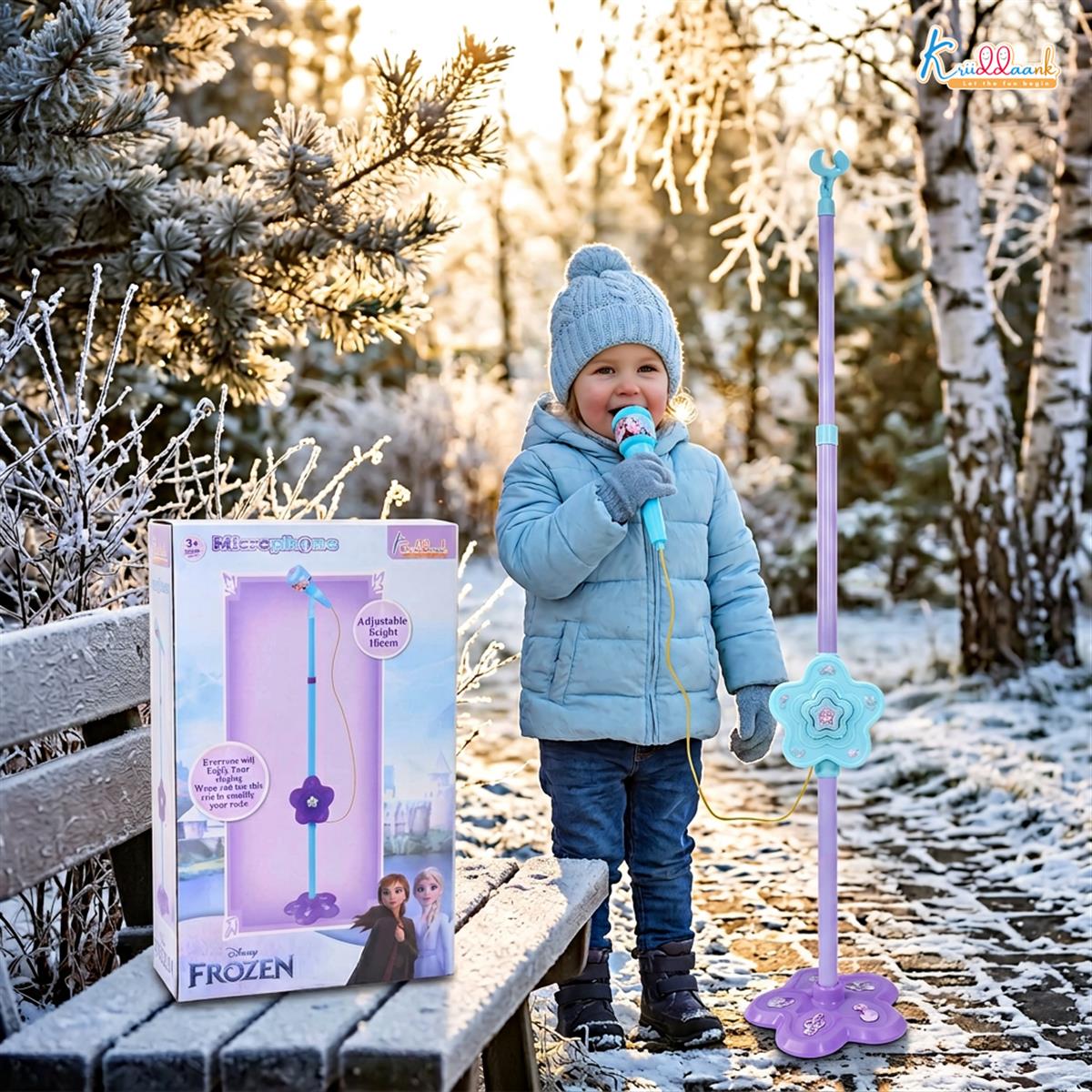 Kriiddaank Frozen Theme Karaoke Microphone with Adjustable Stand for Kids - Elsa & Anna Portable Wireless Singing Toy, Bluetooth & USB Connectivity, Educational Music Toy for Girls & Boys Ages 3+