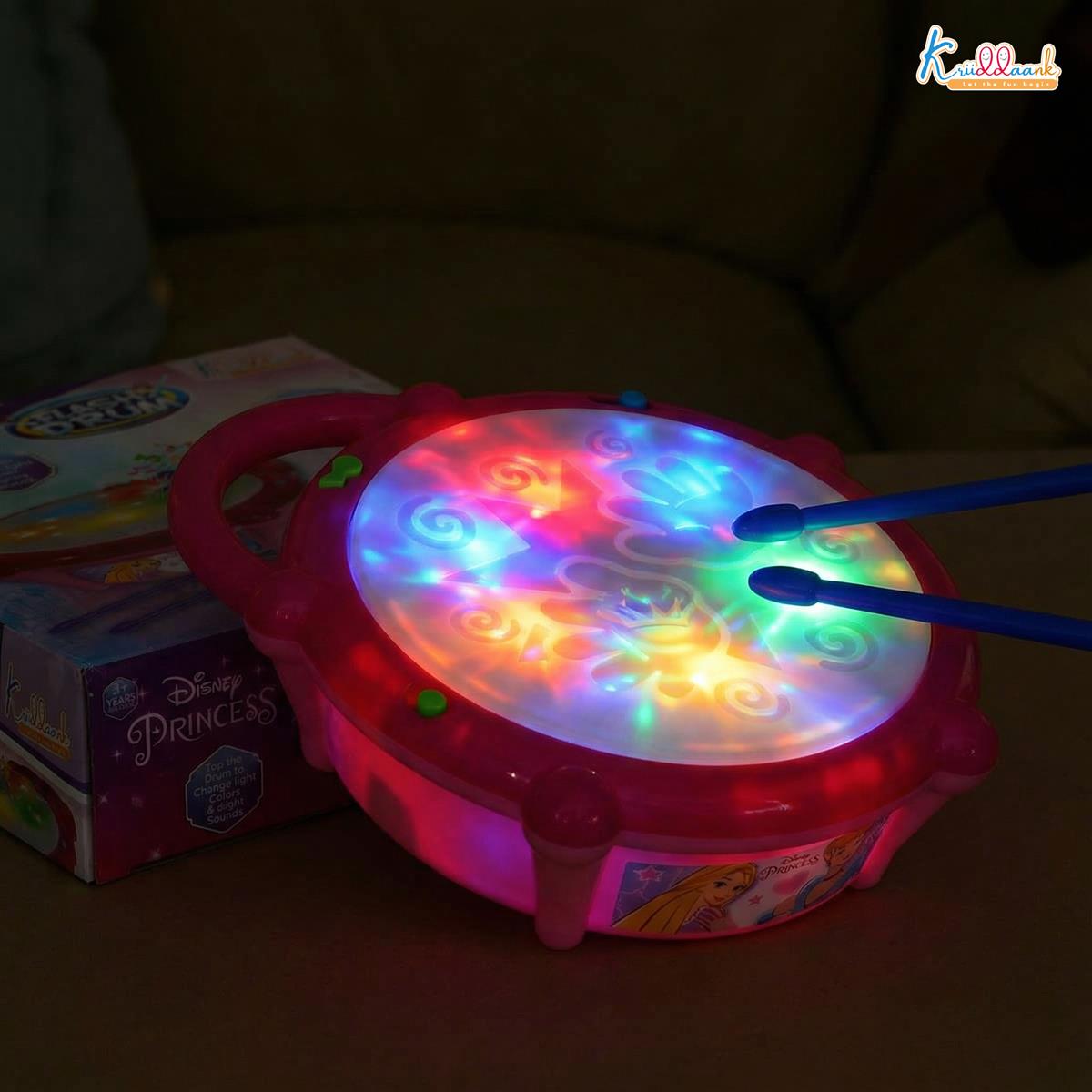 Disney Princess Flash Drum Toy for Girls - Musical Light-Up Drum with 3D LED Lights, 9 Songs & Drum Sounds, 3 Modes - Interactive Educational Toy for Kids Aged 3+ Years (Pink)