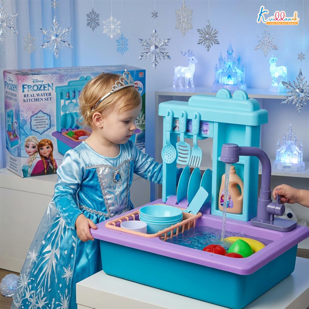 Kriiddaank Frozen Theme Kitchen Toy Set for Girls - Realistic Sink with Running Water, Electric Faucet, 22 Pcs Utensils & Accessories, Pretend Play Cooking & Baking Set for Kids Age 3+ (Turkish Blue)