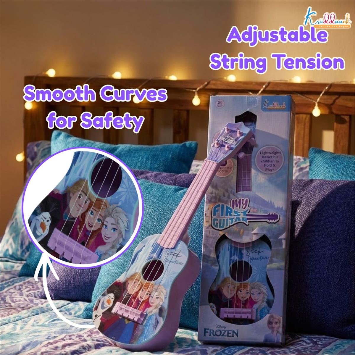 Frozen Elsa & Anna Big Toy Guitar for Girls - 4-String Adjustable Acoustic Musical Instrument with Pick - Lightweight & Portable Educational Toy for Kids Age 3+ Years, Turkish Blue