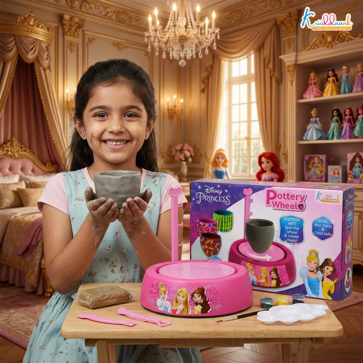 Disney Princess Theme Pottery Wheel Kit - Complete Fairy Tale Clay Art & Crafts Set with 800g Clay, 6 Acrylic Paints, Sculpting Tools & Music - Creative DIY Pottery Studio for Girls 8+ Years