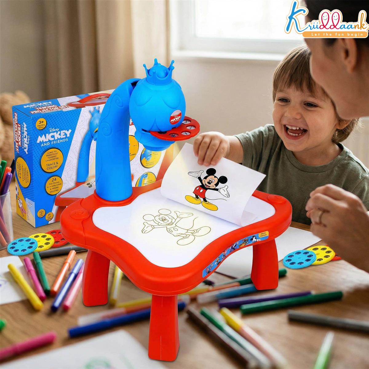Kriiddaank Mickey Mouse Tracing Projector for Kids - Complete Drawing Set with 24 Patterns, 3 Slide Discs, Markers & Paper - Educational Art & Craft Toy for Boys & Girls Ages 3+ (Red)