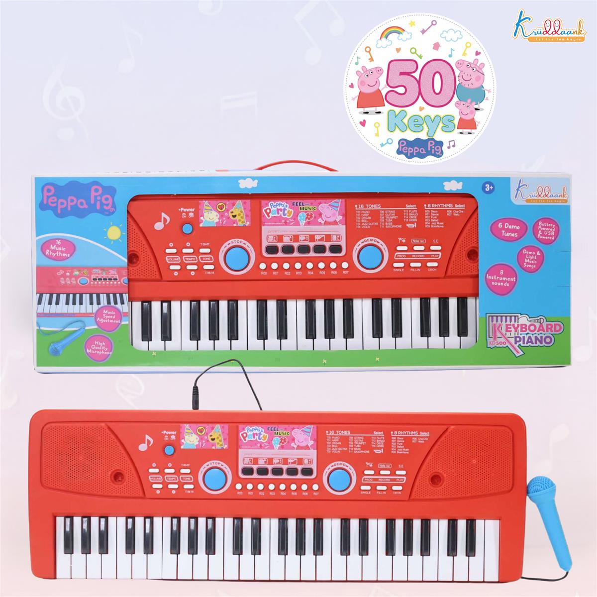 Hasbro Peppa Pig 61-Key Digital Keyboard Piano for Kids - Musical Learning Toy with Microphone, 8 Instrument Sounds, 16 Rhythms, USB & Battery Powered - Pink (KD-500)