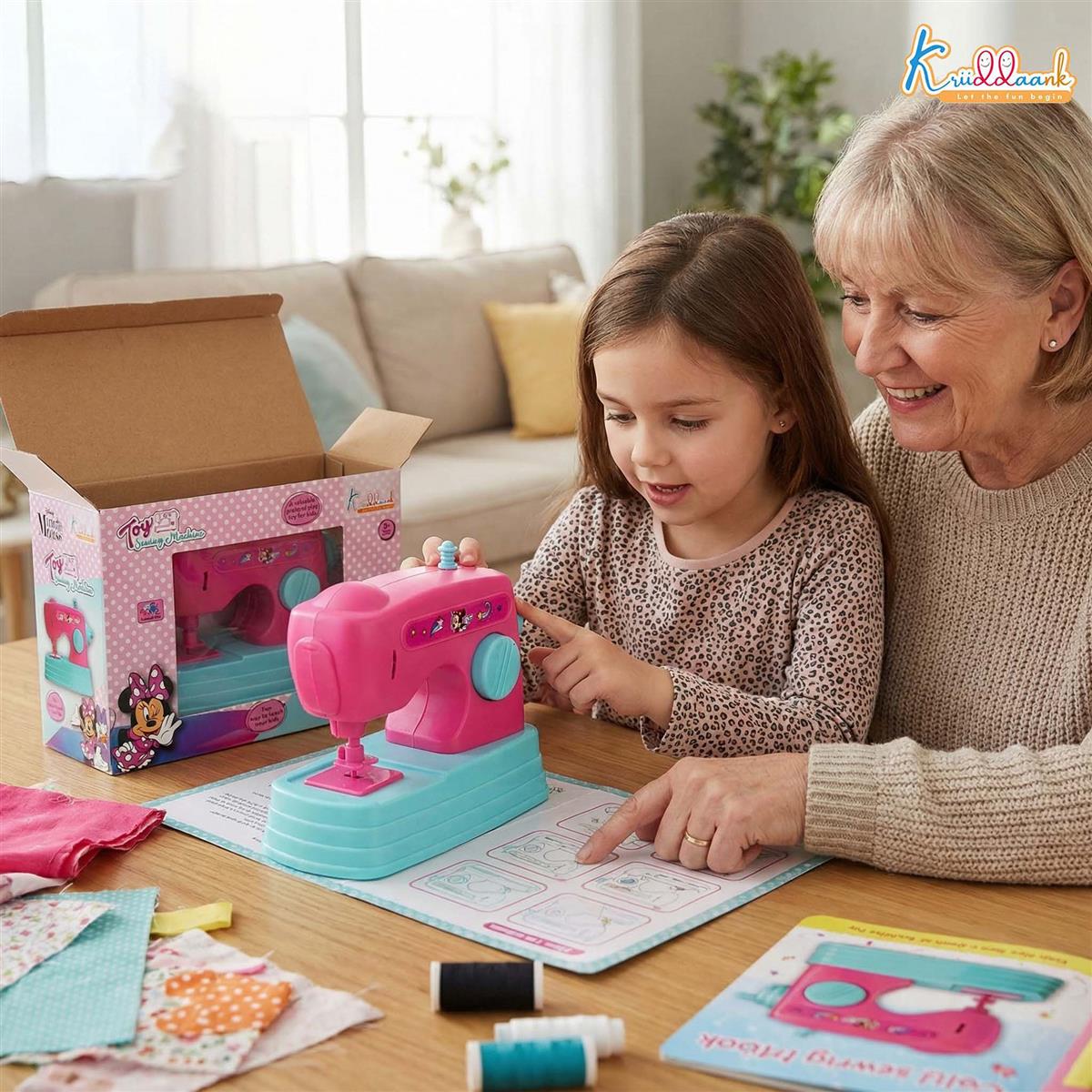 Kriiddaank Minnie Mouse Theme Mini Sewing Machine Toy for Kids 3+, Pink Educational Pretend Play Household Toy with Interactive Buttons, Battery Operated Role Play Toy for Girls