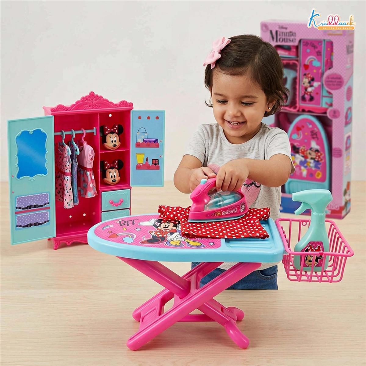 Minnie Mouse Iron Playset for Kids - 8 Piece Portable Ironing Stand & Cupboard Set with Lights & Sounds - Pink Pretend Play Household Toy with Water Spray, Basket & Hanger for Girls Age 3+