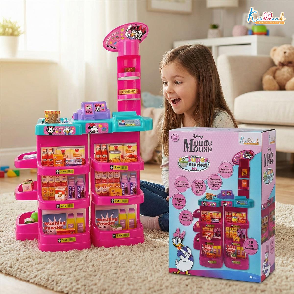 Minnie Mouse Interactive Super Market Grocery Store Playset with Electronic Cash Machine, Weighing Scale & Sound - 20 Accessories, Pretend Play Toy for Girls Ages 5+